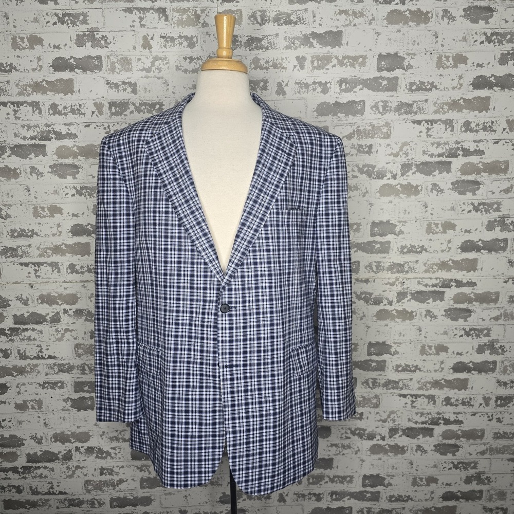 Jos A Bank Men Blue Plaid Big & Tall 100% Cotton 2 Button Blazer Center Vent 50R